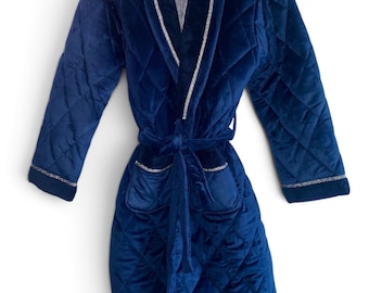 Mens Navy Blue Velvet Quilted Robe | Warm Winter Loungewear | Smoking Jacket