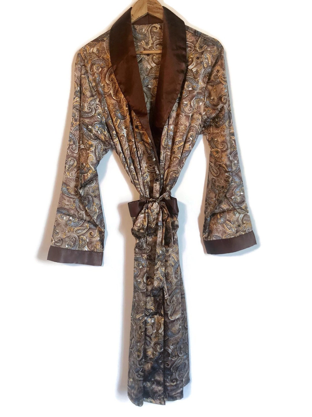 Paisley Robe | Mens Smoking Jacket in Brown Silky Satin | Dressing Gown ...