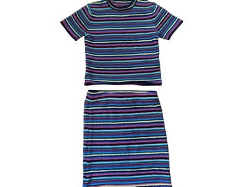 Vintage 2000s Knit Set Striped Mock Neck Top and Mini Skirt Multi-Color Small