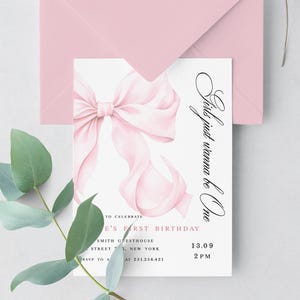 Girls Just Wanna Be One, Pink Bow Birthday Invitation, Editable Template,  Coquette Pink Bow Birthday, 1st Birthday Girl Invite