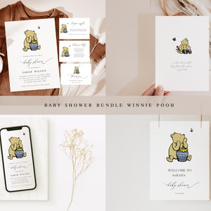 POOH - Bear Baby Shower Invitation, Classic Winnie The Pooh Baby, Diaper Raffle, Book Request, Thank You Card, Editable, JetTemplate