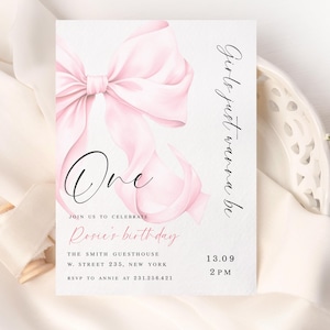Girls Just Wanna Be One, Pink Bow Birthday Invitation, Editable Template,  Coquette Pink Bow Birthday, 1st Birthday Girl Invite