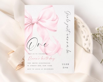 Las chicas solo quieren ser una, invitación de cumpleaños con lazo rosa, plantilla editable, cumpleaños con lazo rosa coqueto, invitación para el primer cumpleaños de niña