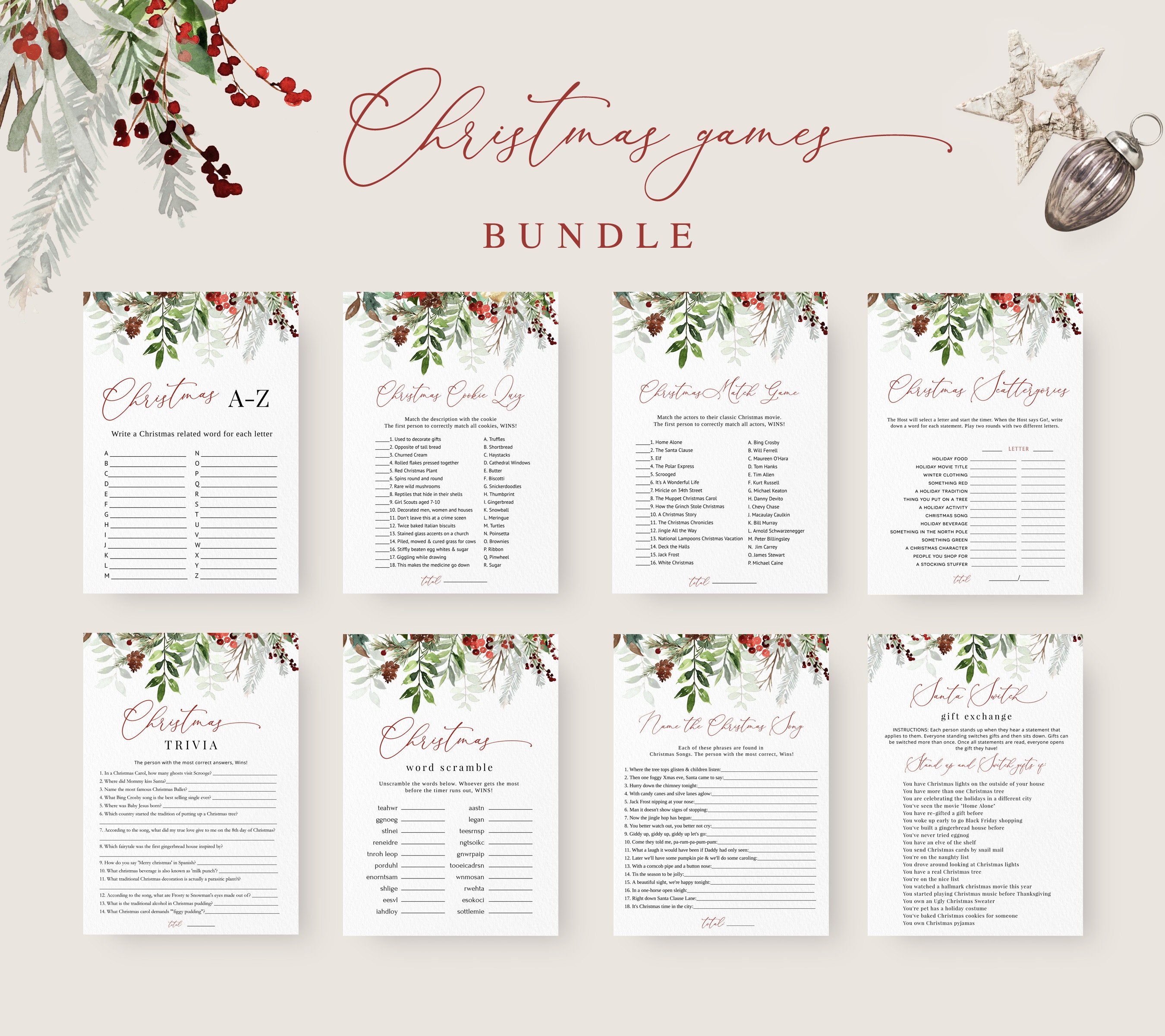 Christmas Games Bundle, Holiday Party Games Bundle, Printable Christmas Party Games, Set of 8 Games