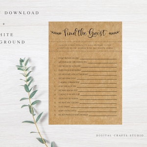 Trouver l'invité, jeu de douche de bébé, cartes de jeu imprimables, téléchargement immédiat, activité de douche de bébé, idée de douche de bébé, rustique, bois, bohème