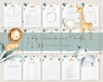 15 Editable Animals Safari Baby Shower Games, Baby Shower Games Jungle, Wild animals Baby Shower, Safari Baby Shower Games Bundle