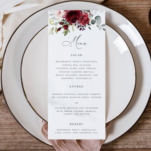 Watercolor Red Roses Wedding Menu, Wedding Menu, Printable Wedding Menu, Instant download