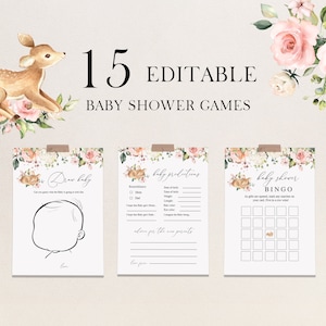 15 Editable Baby Shower Games Baby Deer, Baby Shower Games Deer, Floral Baby Shower games, Woodland Baby Shower Games Bundle
