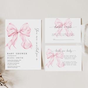 Rosa Schleife Babypartyeinladung Bundle Printable, Rosa Schleife Einladung Bücher für Baby Windel Verlosung Rosa Schleife Baby Shower Baby Mädchen