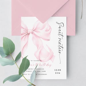 Sweet 16 Birthday Invitation, Pink Bow Coquette Design, Pink Bow Sweet Sixteen Invitation, Editable Template, Elegant 16th Birthday