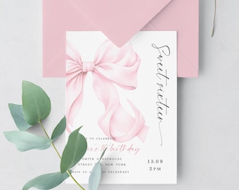 Sweet 16 Geburtstagseinladung, rosa Schleife Kokette Design, rosa Schleife Sweet Sixteen Einladung, bearbeitbare Vorlage, eleganter 16.Geburtstag