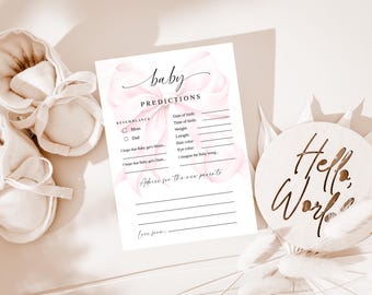 Previsões para bebês, cartão com laço rosa, jogos para chá de bebê, conselhos e desejos para os futuros pais, previsões e conselhos para bebês, modelo para meninas