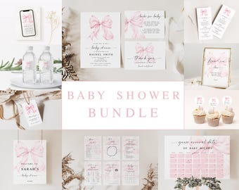 Pacchetto Baby Shower con fiocco rosa, modello per baby shower con bambina Coquette, invito per baby shower rosa, pacchetto per baby shower, download immediato