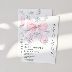Pink Bow Baby It&#39;s Cold Outside Baby Shower Invitation Editable Template Christmas Holiday Snowflake Snowfall Winter Baby Shower