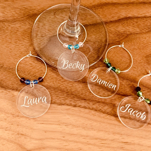 Acrylic Wine Charm - "Custom Name" -  With Glass Bicone Crystal Beads