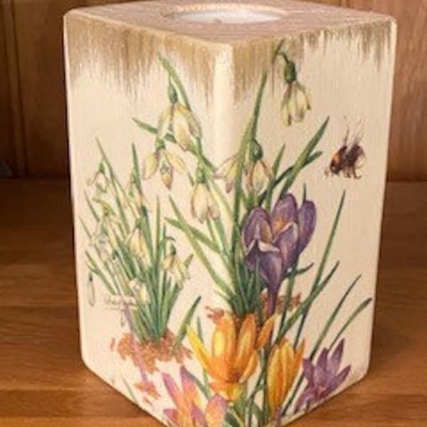 Crocus & snowdrop design wooden tealight candle holder candlestick with FREE scented candle. Handmade upcycled wooden gifts for Mothers Day.