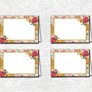 4 Tent Namenskarten - Gold Glitzer Blumen