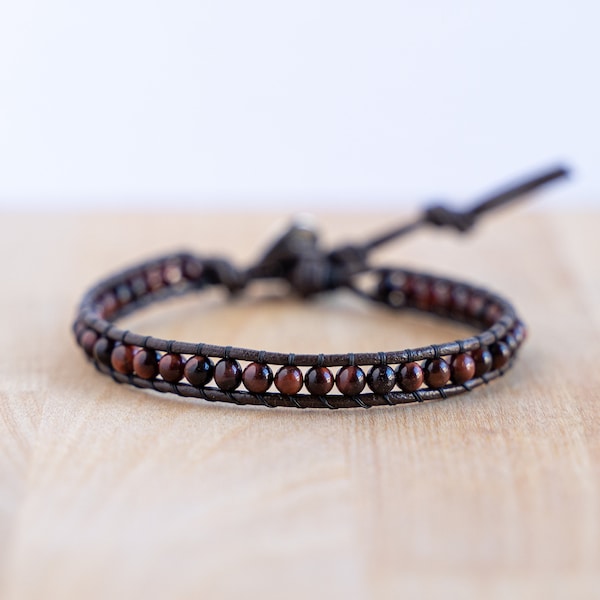 Bracelet homme cuir wrap • Cuir & Oeil de Taureau (oeil de tigre rouge)