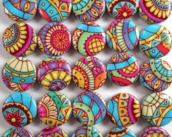 May include: A set of 20 colorful round ceramic tiles with intricate mandala designs. The tiles are in shades of blue, red, yellow, and green.