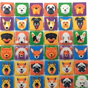 May include: A set of 36 colorful square tiles featuring various dog breeds. Each tile has a different breed of dog with a unique expression and pose. The tiles are arranged in a grid pattern.