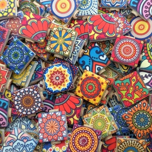 May include: A collection of colorful, patterned ceramic tiles with intricate designs. The tiles are square and feature a variety of geometric and floral motifs.