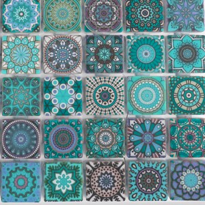 May include: A set of 36 turquoise and blue mosaic tiles with intricate mandala designs. Each tile features a unique pattern with a circular motif.