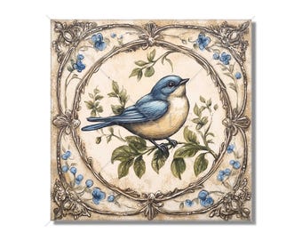 May include: A bluebird perched on a branch with green leaves and blue flowers, surrounded by a gold ornate frame.