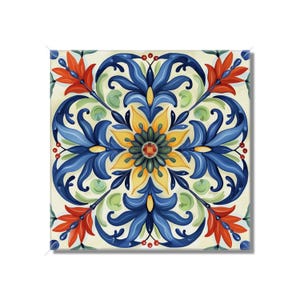 Multi Colored Italian Design Ceramic Tile - Blue Yellow Kitchen Tile - Floral Backsplash Tile - Bathroom Tile - Multi Colored Fireplace Tile