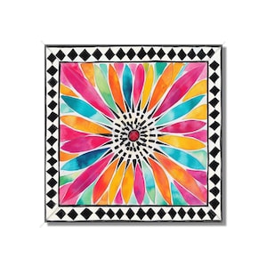 May include: A colorful abstract flower design with a black and white checkered border. The flower is made up of many petals in shades of pink, orange, yellow, blue, and green. The center of the flower is a black and white circle with a red dot in the center.