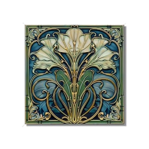 Blue Green Ceramic Tile Art Deco - Art Nouveau Design Blue Green Cream Unique Kitchen Backsplash Tile Bathroom Tile - Antique Design Tile