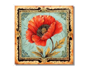 Poppy Flower Design Ceramic Accent Tile - Floral Design Kitchen Accent Backsplash Tile Floral Design Bathroom Accent Tiles -