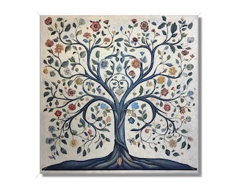 May include: A detailed painting of a blue tree with a white background. The tree is full of colorful flowers and leaves. The tree is a symbol of life and growth.