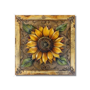 May include: A painted sunflower with yellow petals and a brown center, surrounded by green leaves. The sunflower is set against a brown background with a gold ornate frame.
