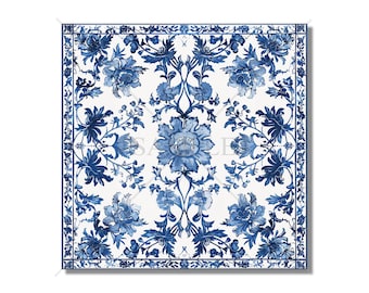 Könnte beinhalten: Eine quadratische Fliese mit einem blauen und weißen Blumenmuster. Das Muster ist kompliziert und zeigt ein sich wiederholendes Design aus Blumen und Blättern.