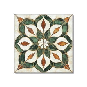 May include: Square tile with a floral design. The pattern features a symmetrical arrangement of green, white, and brown petal-like shapes. The tile has a cream-colored background with a subtle, aged appearance.