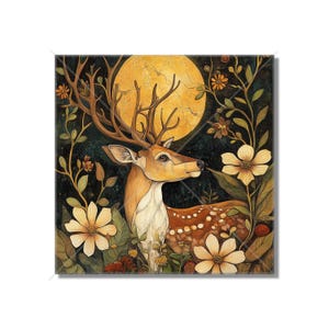 Deer Ceramic Tile - Vintage Design Deer Ceramic Tile - Sun And Moon Deer Tile - Magical Deer Design Home Decor - Deer Mural - Free Shipping