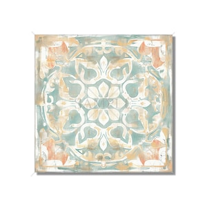 May include: A square tile with a geometric pattern in shades of blue, orange, and white. The tile has a distressed, vintage look.