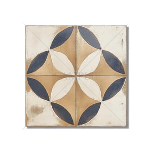 May include: Square tile with a repeating pattern. The design features four sections, each with a quarter of a floral motif. The colors include off-white, tan, and navy blue. The tile has a distressed, aged appearance.