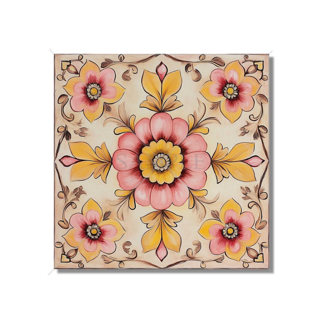 Pink Yellow Floral Ceramic Tile - Patterned Vintage Cottage Floral Tile ...