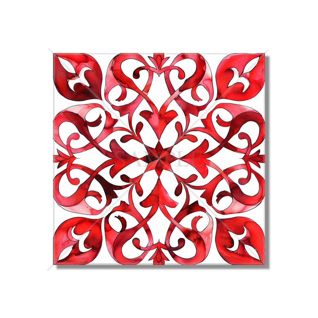 Red Patterned Ceramic Tile - Red Kitchen Backsplash Tile - Vintage ...