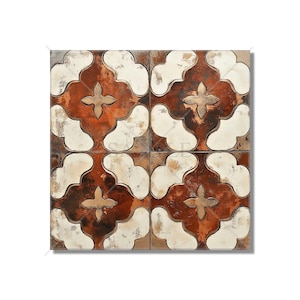 May include: Square tile with a repeating pattern. The design features a four-leaf clover shape in shades of brown, rust, and cream. The tile has a distressed, vintage appearance, with a slightly worn texture.