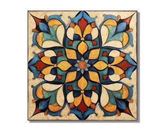 Puede incluir: Un patrón geométrico colorido con tonos azules, amarillos, rojos y verdes. El diseño es simétrico y presenta una forma central con forma de flor.
