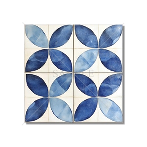 May include: Four square ceramic tiles with a blue and white geometric pattern. Each tile features a stylized flower design with overlapping petals in shades of blue.