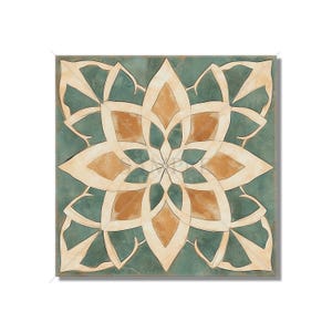 May include: A square tile with a geometric pattern in shades of green, brown, and cream. The pattern resembles a stylized flower with multiple layers of petals.