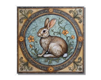 May include: A brown rabbit sits in a circular frame with a blue background. The frame is decorated with gold and green floral designs. The rabbit is surrounded by yellow flowers.