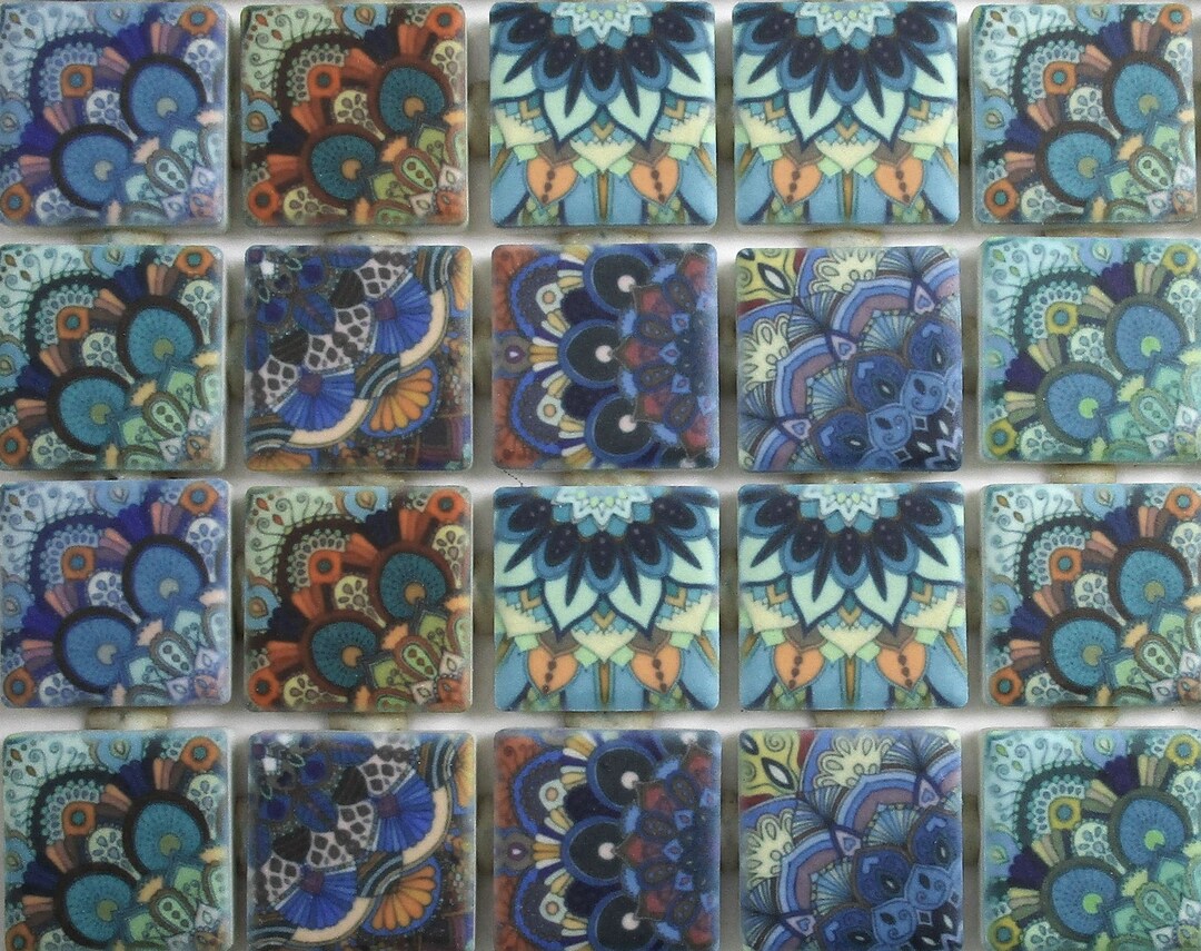 Blue Gray Green Mixed Ceramic Mosaic Tiles - Patterned Mosaic Tile Boho ...