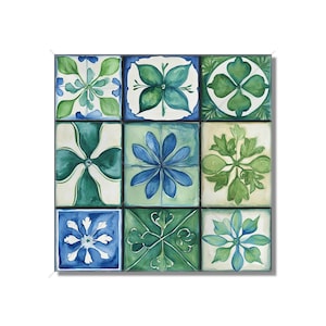 May include: Nine square tiles with floral designs in shades of blue and green. Each tile features a unique watercolor-style botanical pattern, including stylized flowers and leaves. The tiles are arranged in a 3x3 grid, creating a cohesive decorative element.