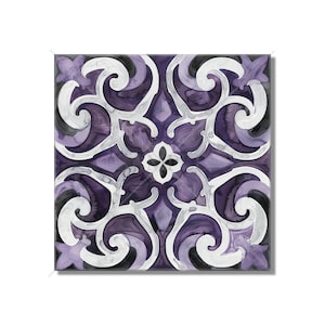 May include: Purple and white tile with a geometric pattern. The tile has a watercolor effect and features a central flower design.