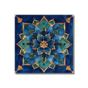 May include: A square, watercolor painting featuring a symmetrical floral design. The artwork showcases a central flower in shades of blue and green, accented with gold-colored outlines and details. The background is a deep blue.