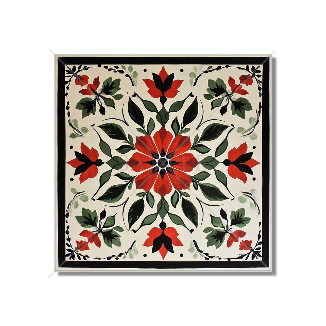 Red and Green Ceramic Tile - Vintage French Floral Design Tile ...